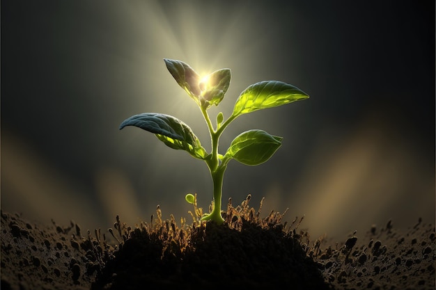 Fase di germoglio di pianta giovane verde crescente della natura sotto la luce del sole al mattino