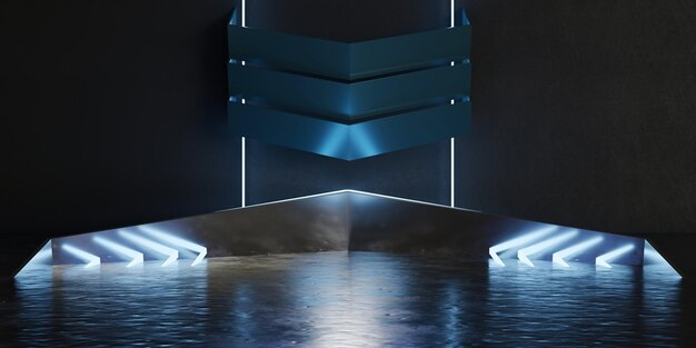 Fase di luce al neon Sfondo della tecnologia LED Spettacolo teatrale Illustrazione 3D della scena moderna