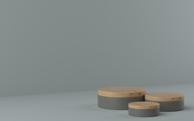 Fase di tre prodotti con ornamento in legno per esposizione e vetrina