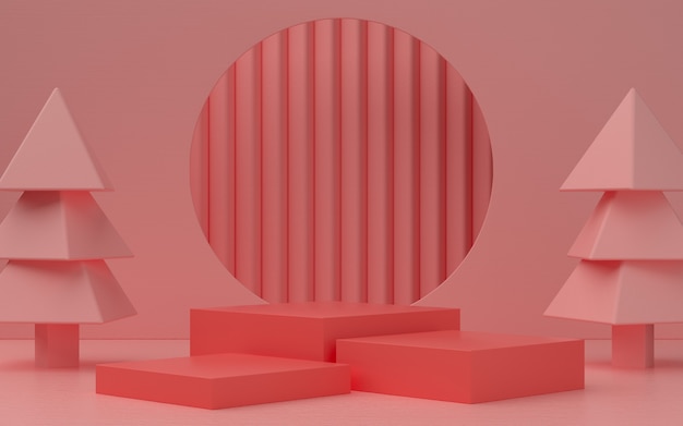 Fase rosa vuota del prodotto di tema di natale con la decorazione. illustrazione 3d minimalista