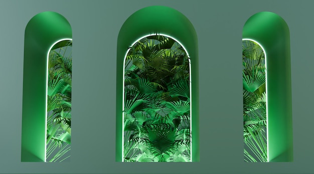Fase vuota con sfondo ad arco per arco di visualizzazione di prodotti cosmetici in colori verdi rendering 3d