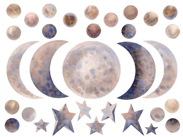 Fasi lunari magiche disegnate a mano ad acquerello, falce di luna, stelle di colore beige, grigio e blu