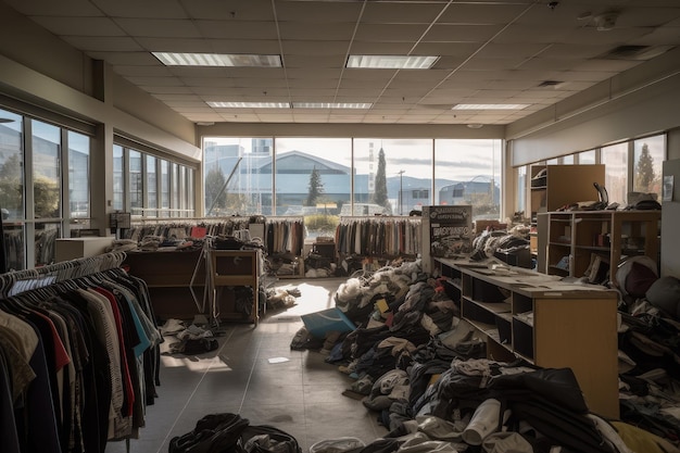 Fast fashion store con scaffali di vestiti nuovi e montagne di oggetti scartati sullo sfondo