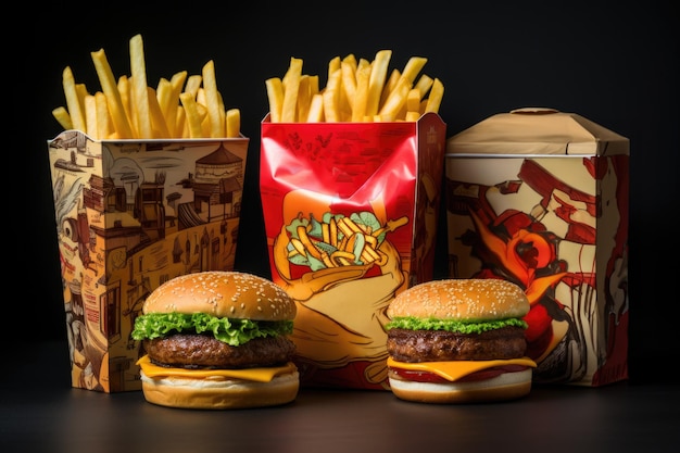 Fast food, due hamburger di manzo, patatine fritte