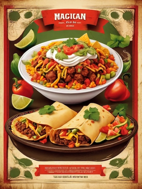 Fast Food Mexican Burritos Poster Illustrazione di un poster di design vintage e grunge con appetitosi burritos messicani per snack fast food e menu da asporto