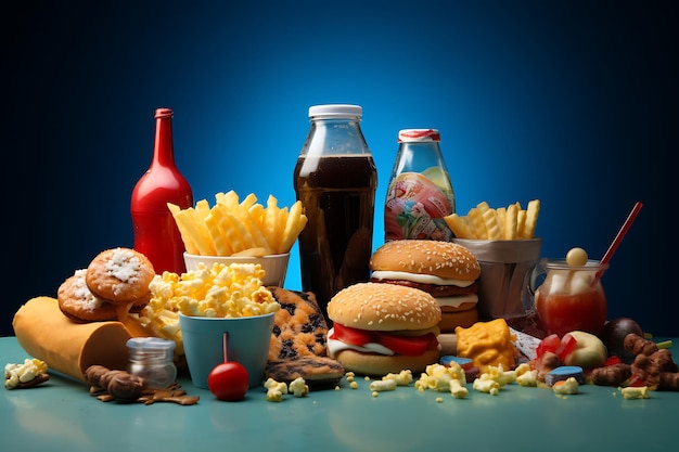 Fast food su sfondo scuro Hamburger patatine fritte cola e popcorn