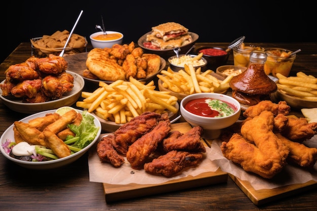 Fast food su un tavolo di legno Ali di pollo fritte, patatine fritte, pepite e salse, un grande tavolo di cibi assortiti da asporto, come pizza, patatine fritte, anelli di cipolla, pollo fritto e intelligenza artificiale generata