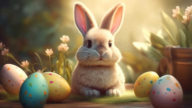 Fata coniglietto di Pasqua con uova dipinte Concetto di vacanza di Pasqua con coniglio IA generativa