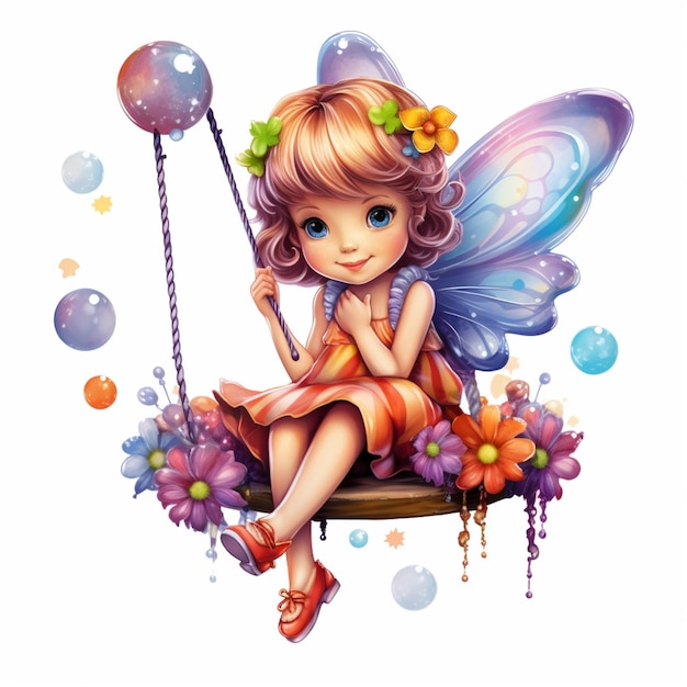 fata dei cartoni animati seduta su un'altalena con fiori e bolle ai generative