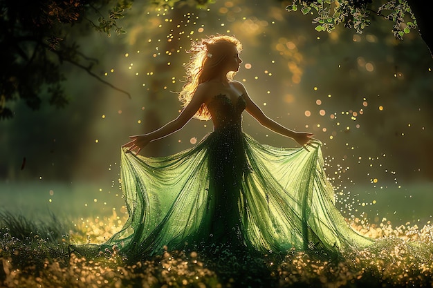 fata della foresta dai capelli rossi in un lungo vestito verde nella bellissima foresta magica nel mondo fantastico