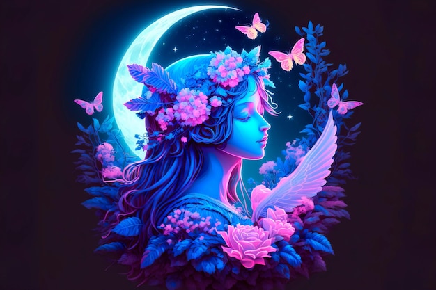 Fata ragazza su sfondo blu notte con la luna e fiori rosa realistici