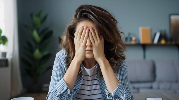 Fatica angosciata donna copre il viso con il palmo si sente annoiata e stanca vuole dormire dopo tutta la notte