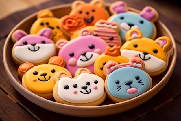 Fatti in casa di biscotti colorati con la forma di una faccia carino di personaggio di cartone animato animale