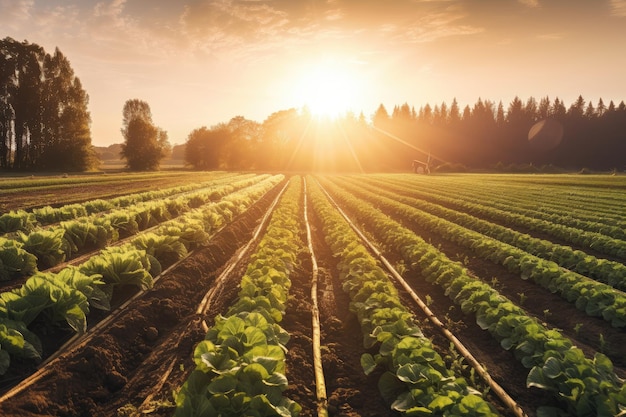 Fattoria con filari di colture che crescono al sole creata con l'IA generativa