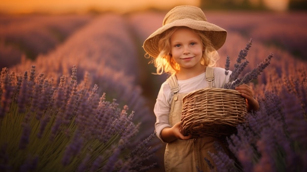 Fattoria di lavanda in piena fioritura: uno spettacolo pittoresco che evoca un senso di pace e bellezza naturale. Un bambino con un cestino generato dall'intelligenza artificiale