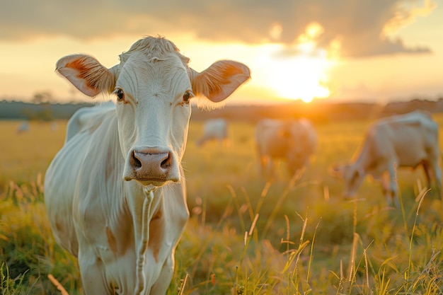 Fattoria di mucche Un'immagine di mucche in un prato durante l'estate al tramonto Animale agricolo
