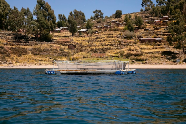 Fattoria di pesca alla trota sul lago Titicaca in Perù