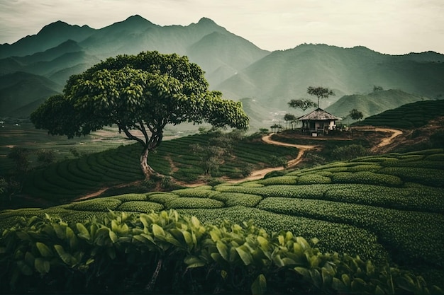 Fattoria di tè verde in Vietnam nel meraviglioso paesaggio del Long Coc Mountain