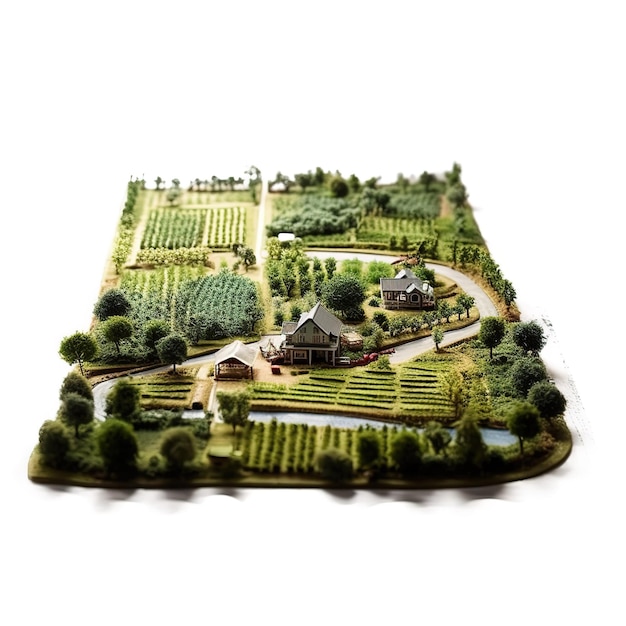 Fattoria isometrica realistica 3d rendering fattoria rurale con campo di colture e alberi da fienile verde