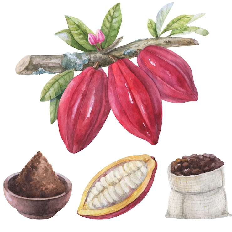 Fave di cacao dell'acquerello su un ramo con fiori e foglie