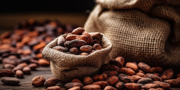 Fave di cacao e baccello di cacao che si riversano in un sacco di iuta Prodotto agricolo fresco biologico