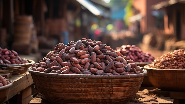 Fave di cacao in un cestino su un mercato in India