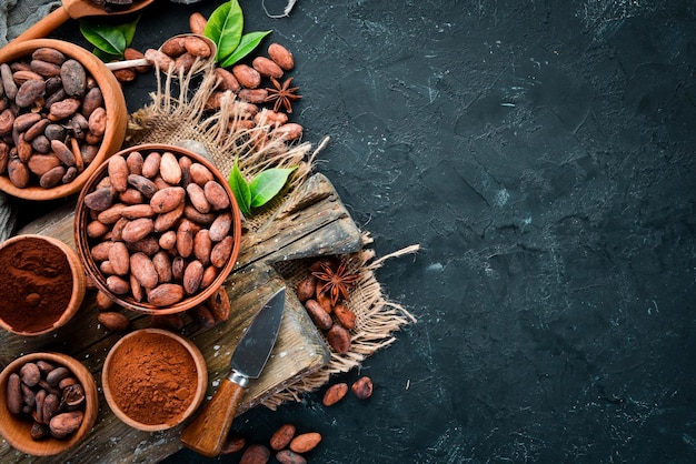 Fave di cacao La polvere di cacao è scura e chiara Su sfondo nero Vista dall'alto