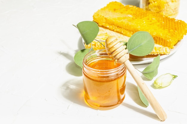 Favo, miele e cera d'api. Prodotti naturali per l'apicoltura biologici per uno stile di vita sano e bello. Luce dura, ombra scura, sfondo di gesso bianco, spazio di copia