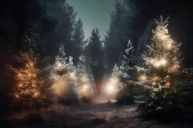 favolosa misteriosa notte invernale luce della foresta e illuminazione vigilia di Natale