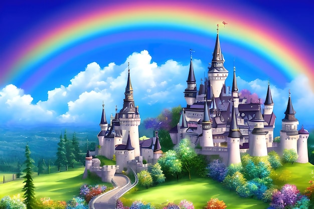 Favolosi unicorni pietra castello arcobaleno nuvole acquerello clipart in stile cartone animato