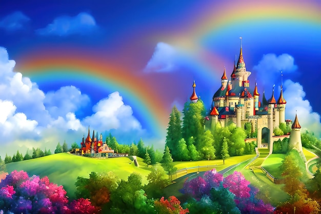 Favolosi unicorni pietra castello arcobaleno nuvole acquerello clipart in stile cartone animato