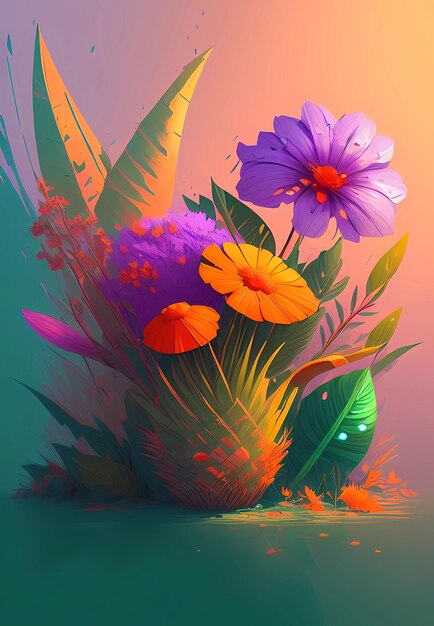 Favoloso disegno di fiori colorati con foglie tropicali generative ai