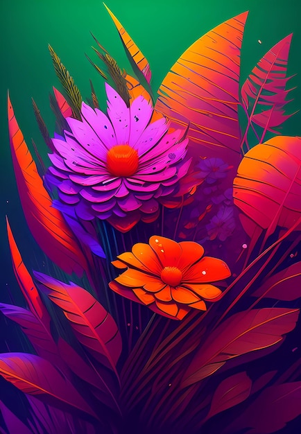 Favoloso disegno di fiori colorati con foglie tropicali generative ai