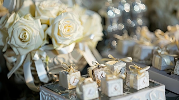 Favori di nozze e decorazioni personalizzate con le coppie Anelli di gioielli di matrimonio Regali imballaggi per le vacanze arco concetto di immagine pubblicitaria per negozi di gioielleria Generato da AI