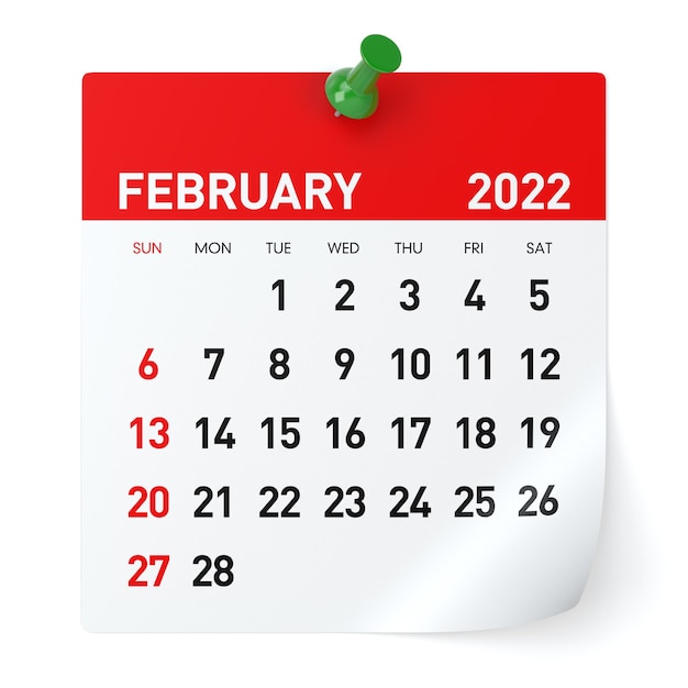 Febbraio 2022 - Calendario. Isolato su sfondo bianco. Illustrazione 3D