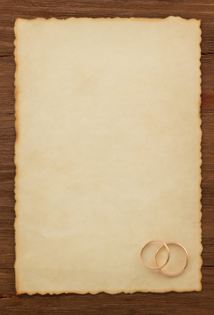 Foto fede nuziale e carta invecchiata su legno