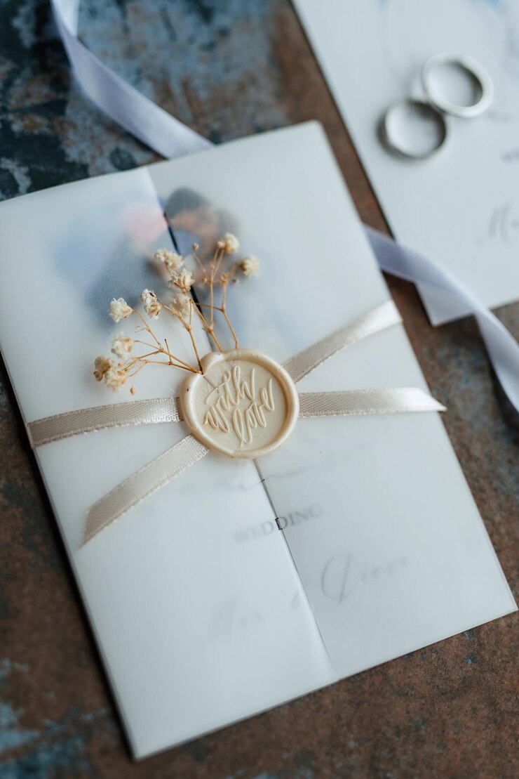 Foto fedi nuziali d'oro con un matrimonio di invito