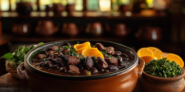 Foto feijoada brasiliana con verdure di collard e fette di arancia