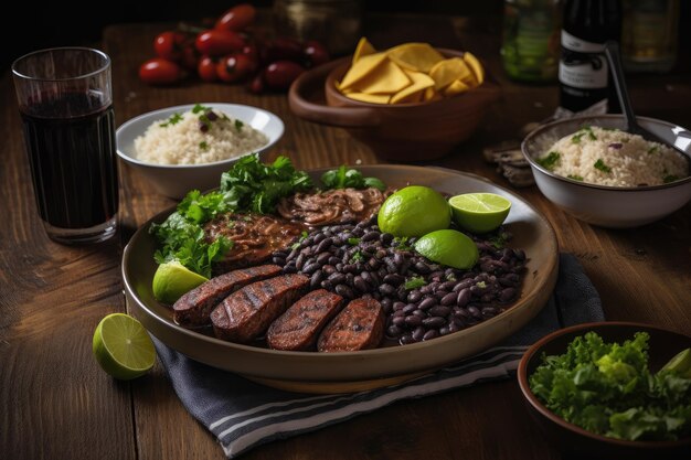 Feijoada succosa e caipirinha colorata su una tavola brasiliana generativa IA