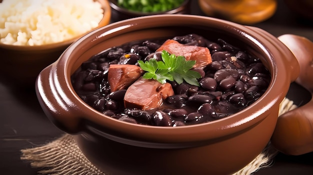 Feijoada tradizionale brasiliana con manioca di riso di maiale di fagioli neri e vista dall'alto arancione sul tavolo di legno generativo ai