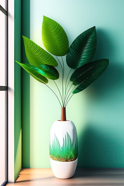 Felce tropicale in vaso di ceramica bianca all'ombra delle foglie del sole su wal verde blu turchese pastello