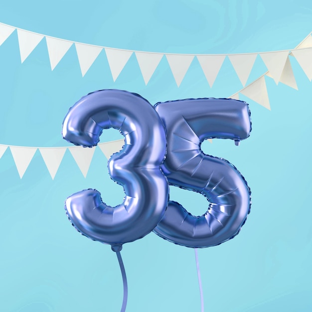 Felice 35° compleanno festa celebrazione palloncino blu e bunting 3D Render