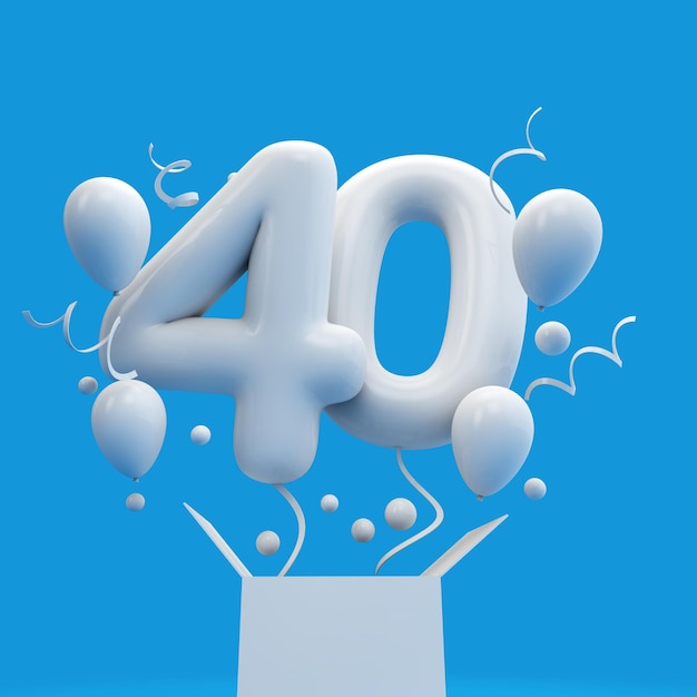 Felice 40° compleanno palloncino a sorpresa e scatola Rendering 3D