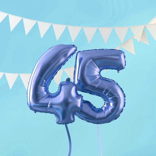 Felice 45esimo compleanno festa celebrazione palloncino blu e bunting 3D Render