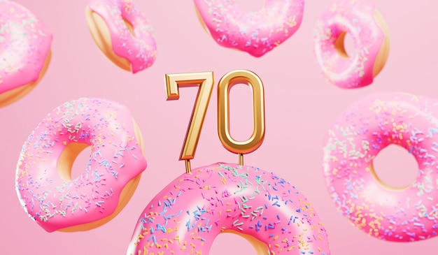 Felice 70° compleanno celebrazione sfondo con ciambelle rosa smerigliate Rendering 3D