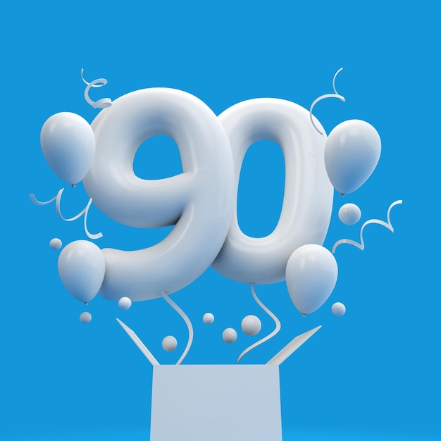 Felice 90° compleanno palloncino a sorpresa e scatola Rendering 3D