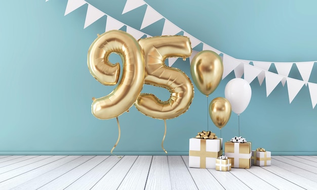 Felice 95esimo compleanno festa celebrazione palloncino bunting e confezione regalo 3D Render