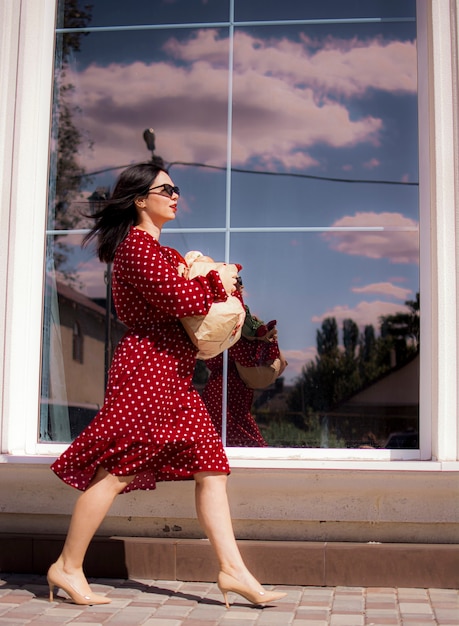 Felice acquirente di generi alimentari. Ritratto di bella donna bianca tradizionale in vestito rosso che tiene la borsa della spesa di carta piena di generi alimentari.