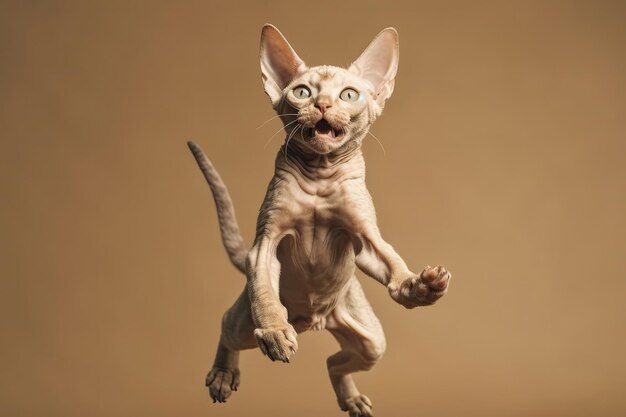Felice allegro gatto Devon Rex nel salto in volo su sfondo marrone chiaro Full Body Wide Angle Studio foto generativa AI