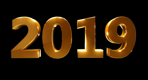 Felice anno nuovo 2019 su sfondo nero. Numeri 3D dorati